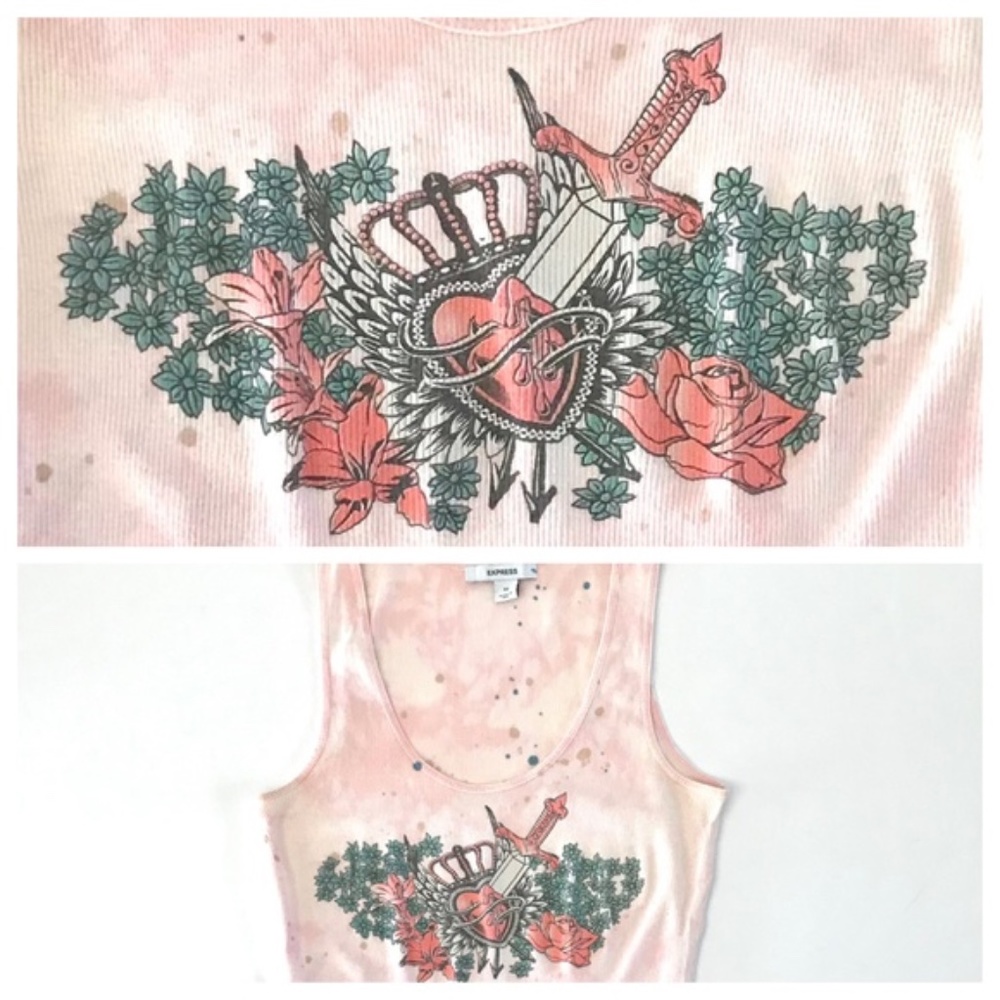 3/$15 Express Pink Tie Dye Sword Heart Crown Floral Tank Top